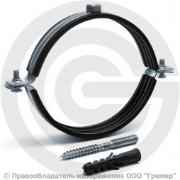 Хомут крепежный оцинкованный с резиновой прокладкой Ду-100 (Дн 110-114) (4") М10 в/к винт-шуруп дюбель Strongman