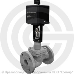 Клапан регулирующий двухходовой чугунный фланцевый Ду-100 Ру-16 Kvy=160м3/ч с электроприводом LEA-2500 24В с датчиком 4-20mA 25ч945нж Энерготехномаш